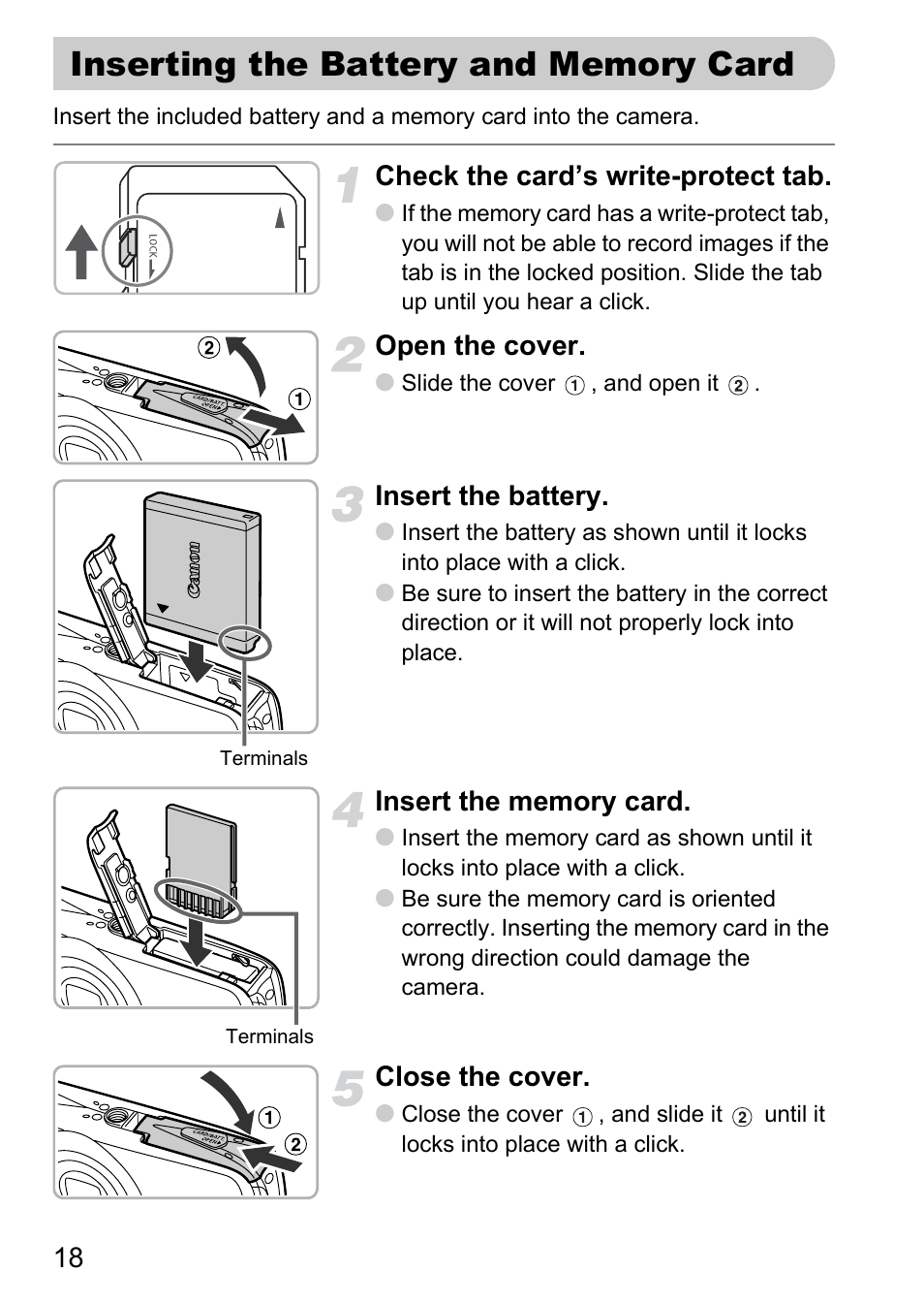 Inserting the battery and memory card, Inserting the battery and, Memory card | Check the card’s write-protect tab, Open the cover, Insert the battery, Close the cover | Canon 200 IS User Manual | Page 18 / 169