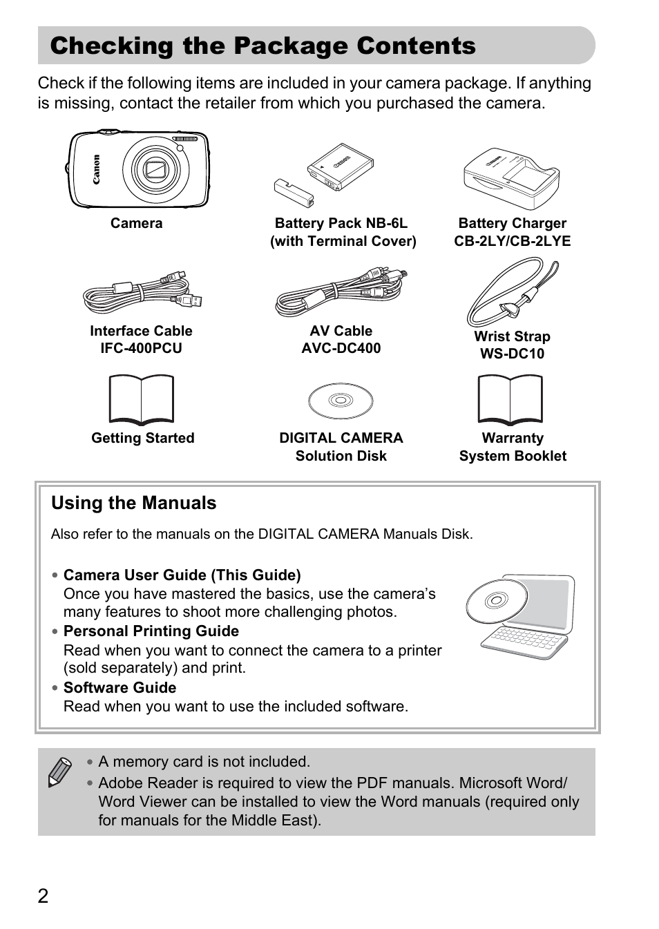 Checking the package contents, Using the manuals | Canon 200 IS User Manual | Page 2 / 169
