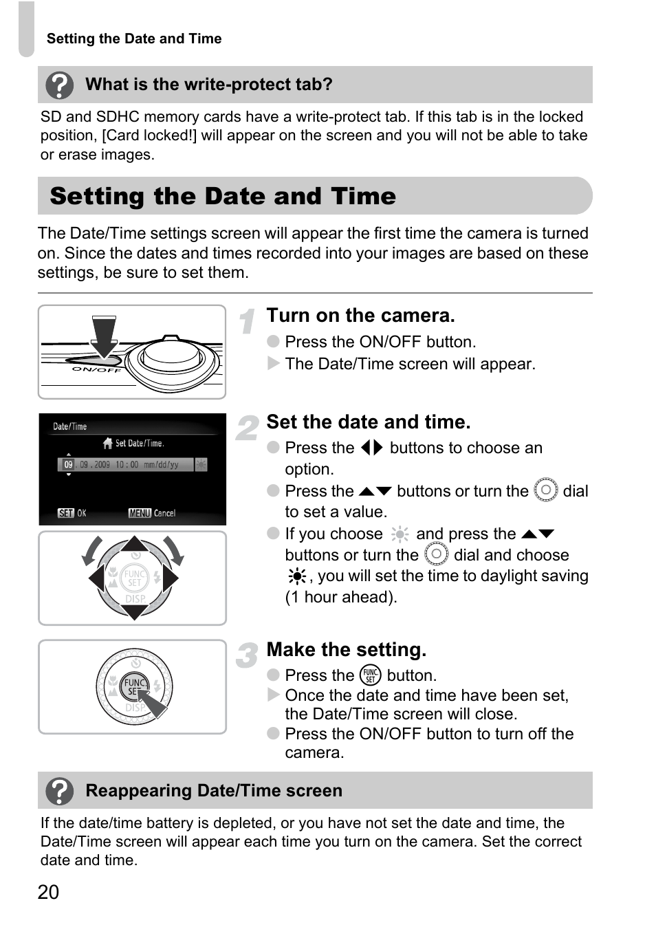 Setting the date and time, Turn on the camera, Set the date and time | Make the setting | Canon 200 IS User Manual | Page 20 / 169