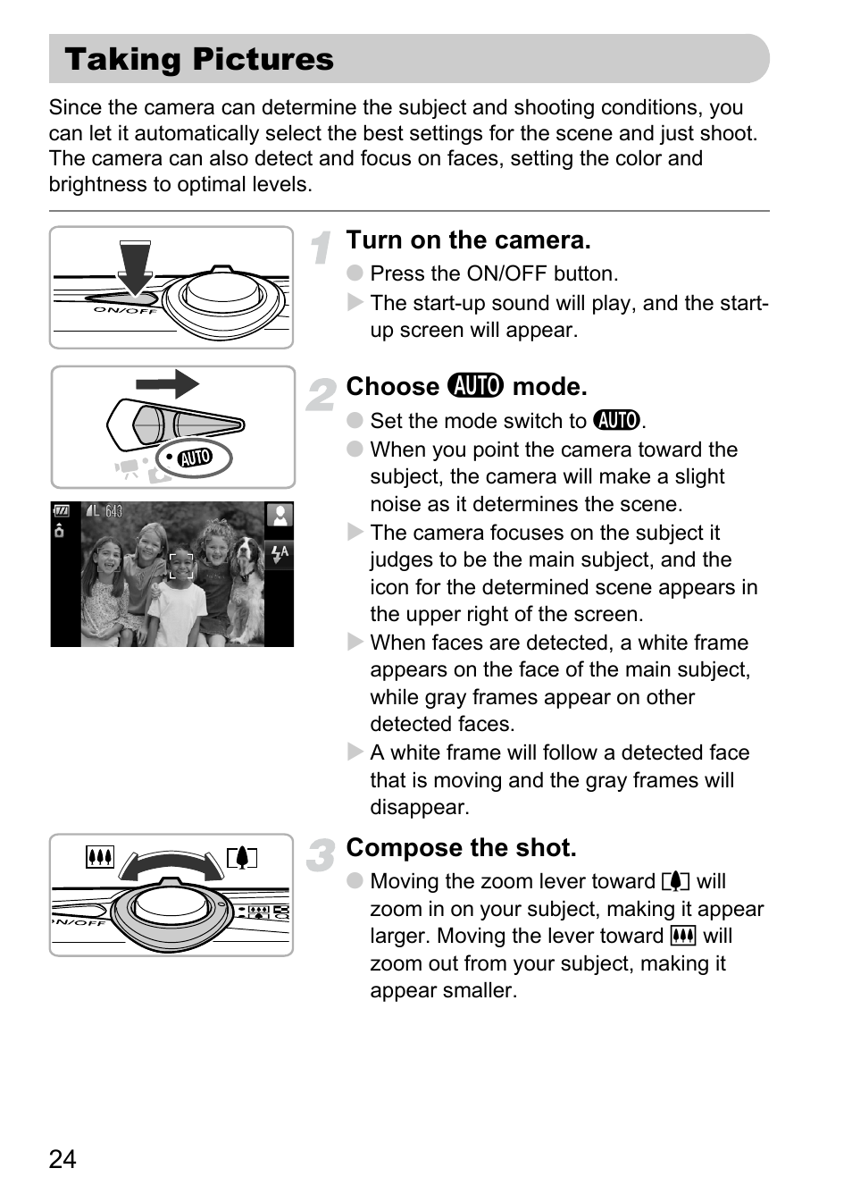 Taking pictures, Turn on the camera, Choose a mode | Compose the shot | Canon 200 IS User Manual | Page 24 / 169