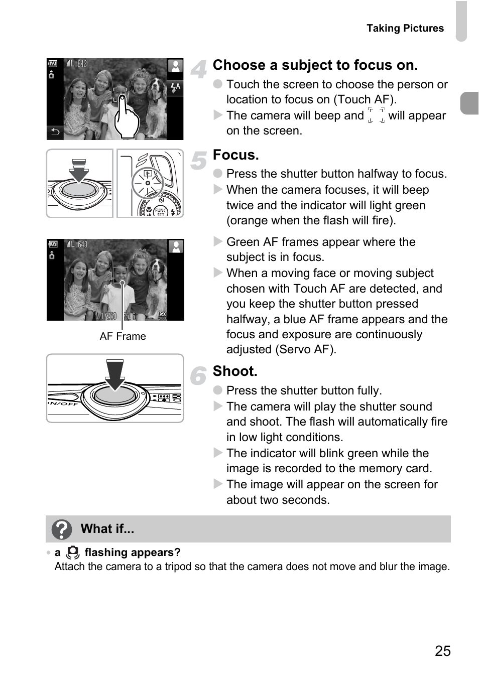 25 choose a subject to focus on, Focus, Shoot | Canon 200 IS User Manual | Page 25 / 169