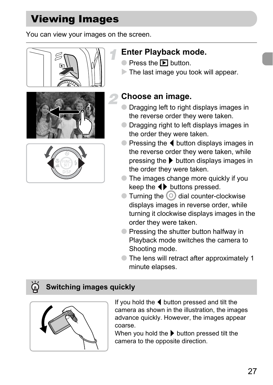 Viewing images, Enter playback mode, Choose an image | Canon 200 IS User Manual | Page 27 / 169