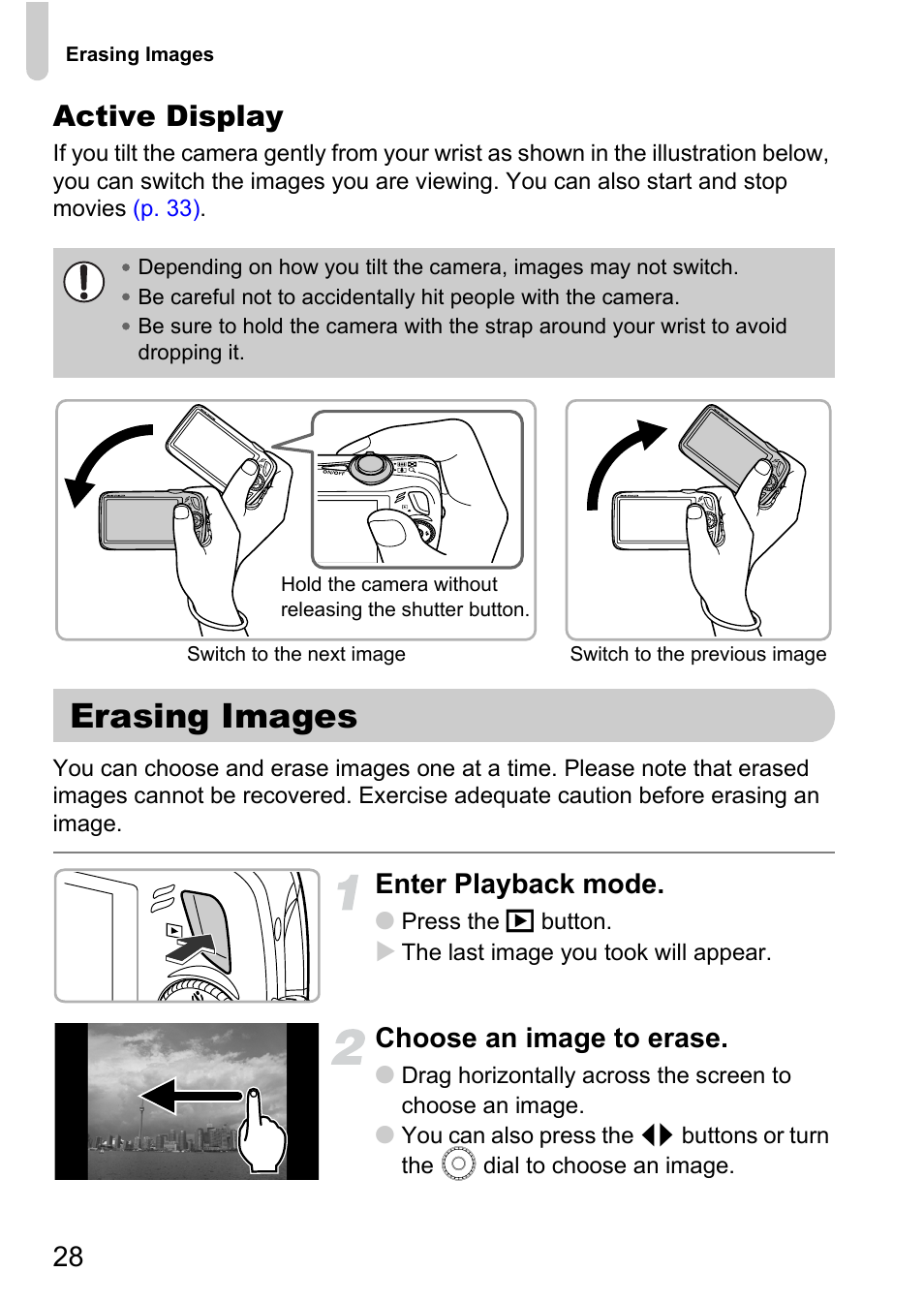 Erasing images, Active display, Enter playback mode | Choose an image to erase | Canon 200 IS User Manual | Page 28 / 169