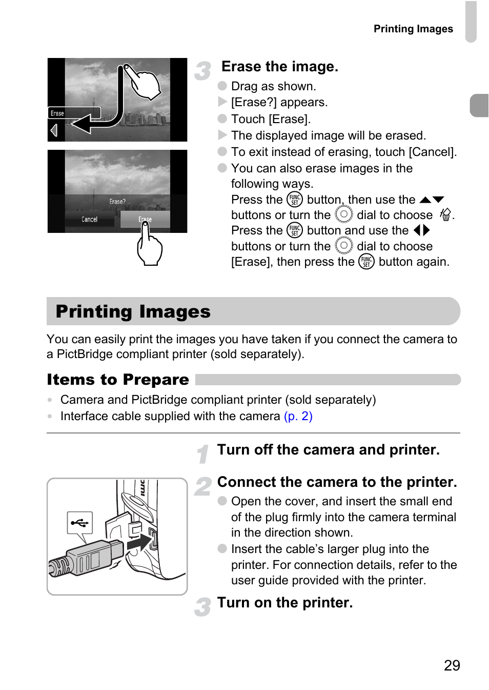 Printing images, Items to prepare, 29 erase the image | Turn on the printer | Canon 200 IS User Manual | Page 29 / 169