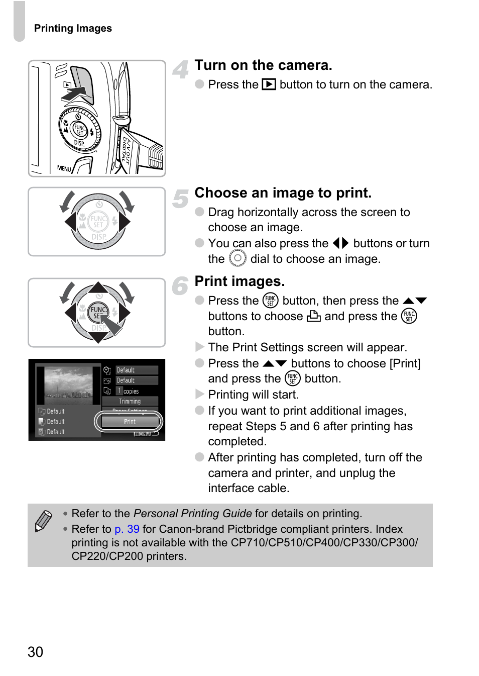 30 turn on the camera, Choose an image to print, Print images | Canon 200 IS User Manual | Page 30 / 169