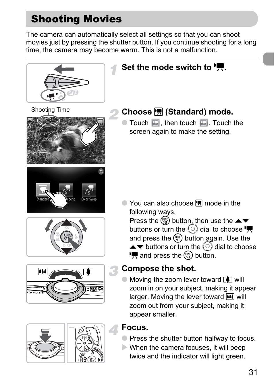 Shooting movies, Compose the shot, Focus | Canon 200 IS User Manual | Page 31 / 169