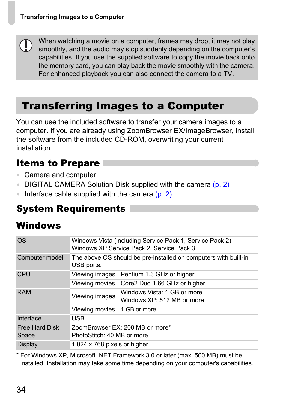 Transferring images to a computer, Transferring images to a computer.34, Items to prepare | System requirements windows | Canon 200 IS User Manual | Page 34 / 169