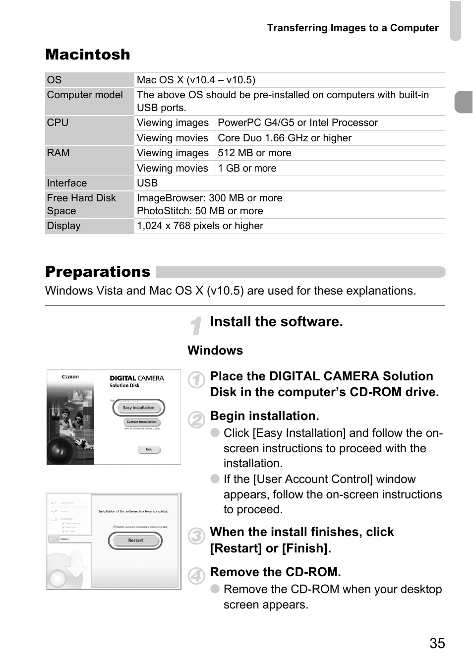 Macintosh preparations, Install the software | Canon 200 IS User Manual | Page 35 / 169