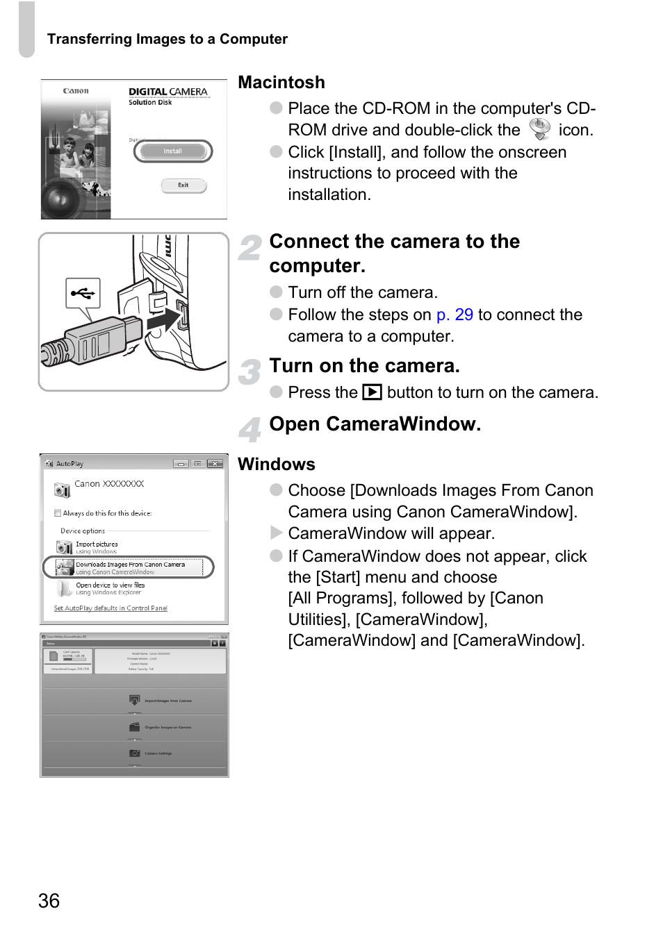 Connect the camera to the computer, Turn on the camera, Open camerawindow | Canon 200 IS User Manual | Page 36 / 169
