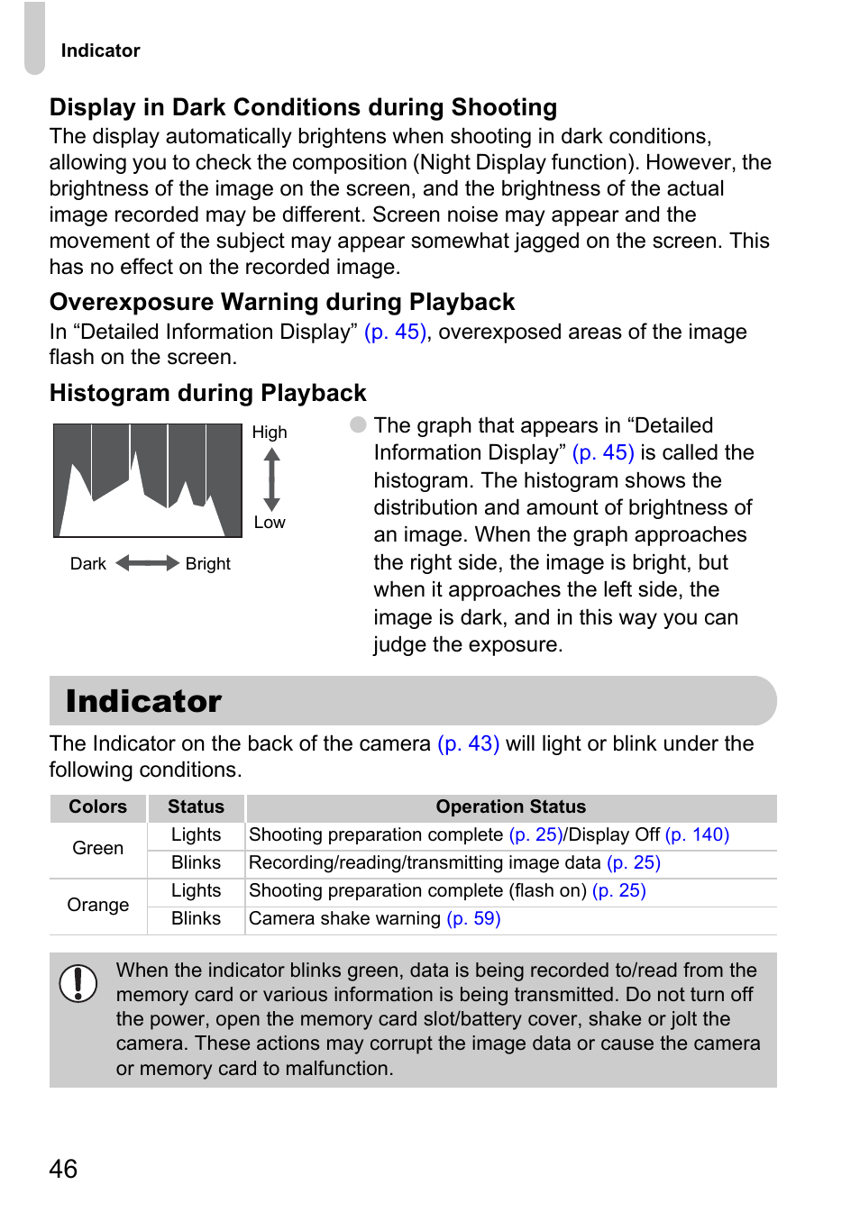 Indicator, P. 46), Display in dark conditions during shooting | Overexposure warning during playback, Histogram during playback | Canon 200 IS User Manual | Page 46 / 169