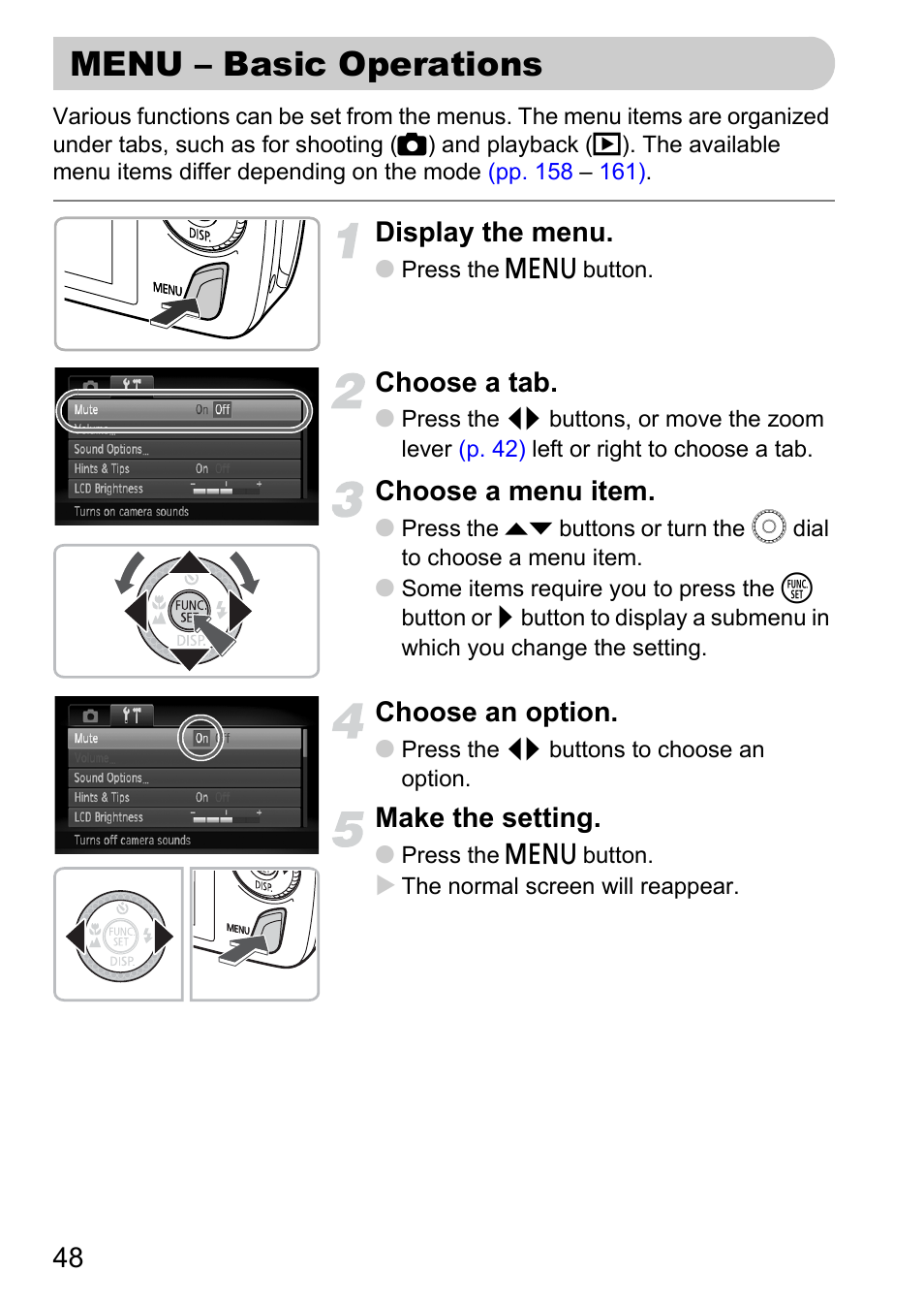 Menu - basic operations, Menu – basic operations, P. 48) | Display the menu, Choose a tab, Choose a menu item, Choose an option, Make the setting | Canon 200 IS User Manual | Page 48 / 169