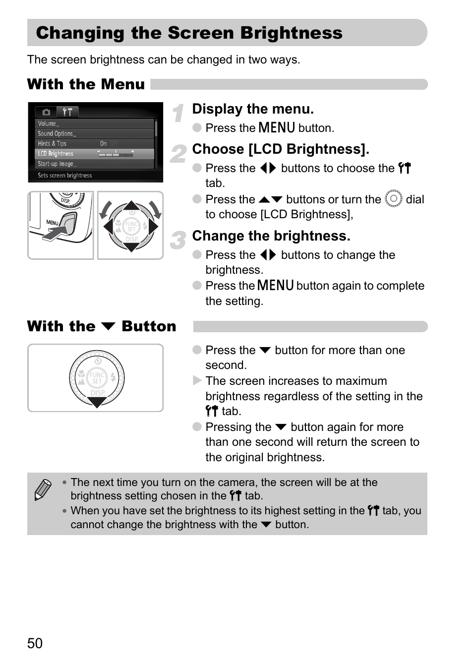 Changing the screen brightness, With the menu, With the p button | Display the menu, Choose [lcd brightness, Change the brightness | Canon 200 IS User Manual | Page 50 / 169