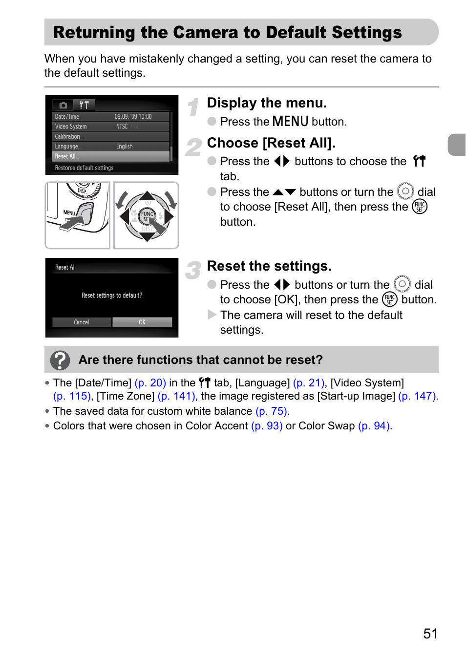 Returning the camera to default settings, Returning the camera, To default settings | Display the menu, Choose [reset all, Reset the settings | Canon 200 IS User Manual | Page 51 / 169