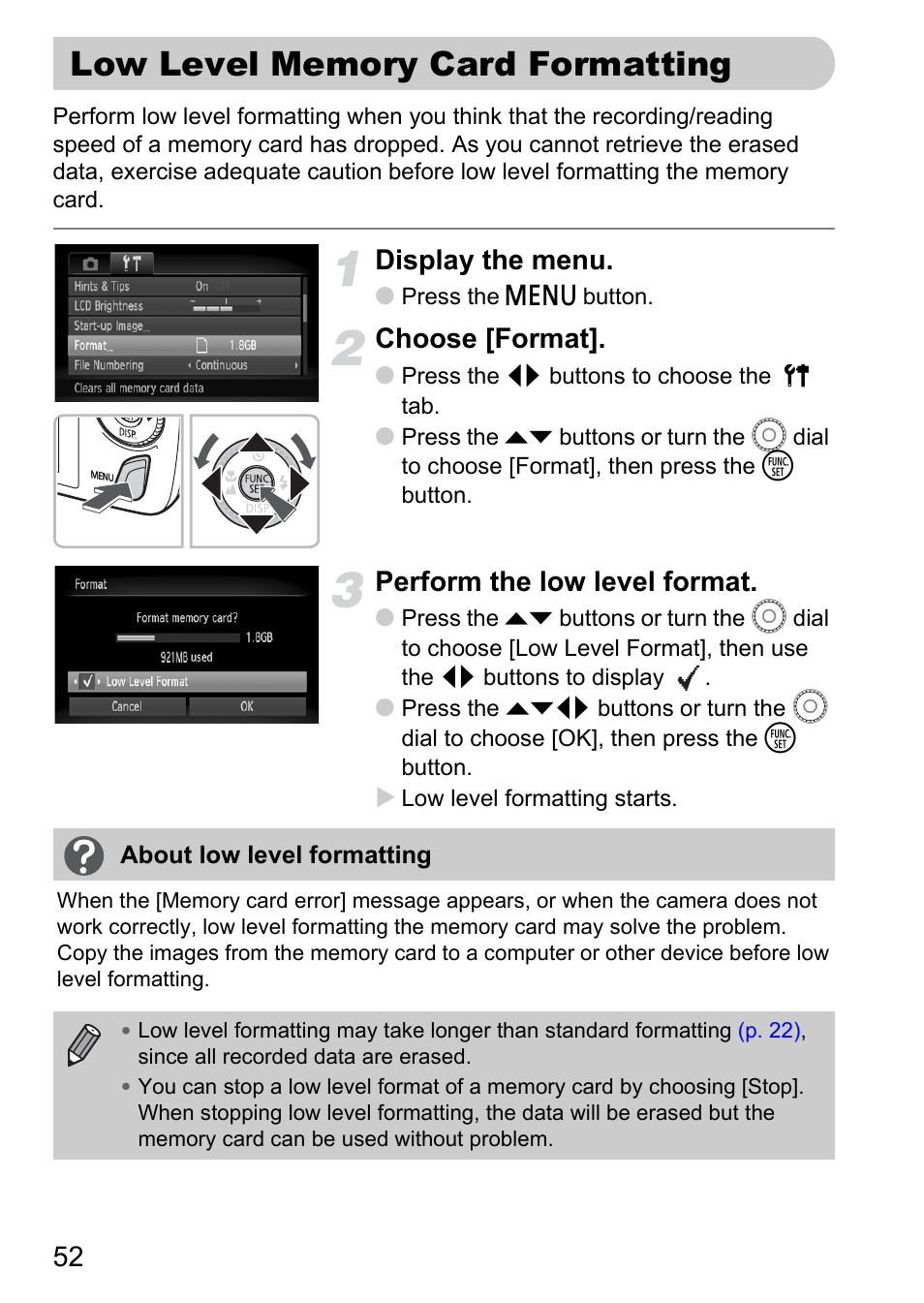 Low level memory card formatting, Low level, Memory card formatting | Display the menu, Choose [format, Perform the low level format | Canon 200 IS User Manual | Page 52 / 169