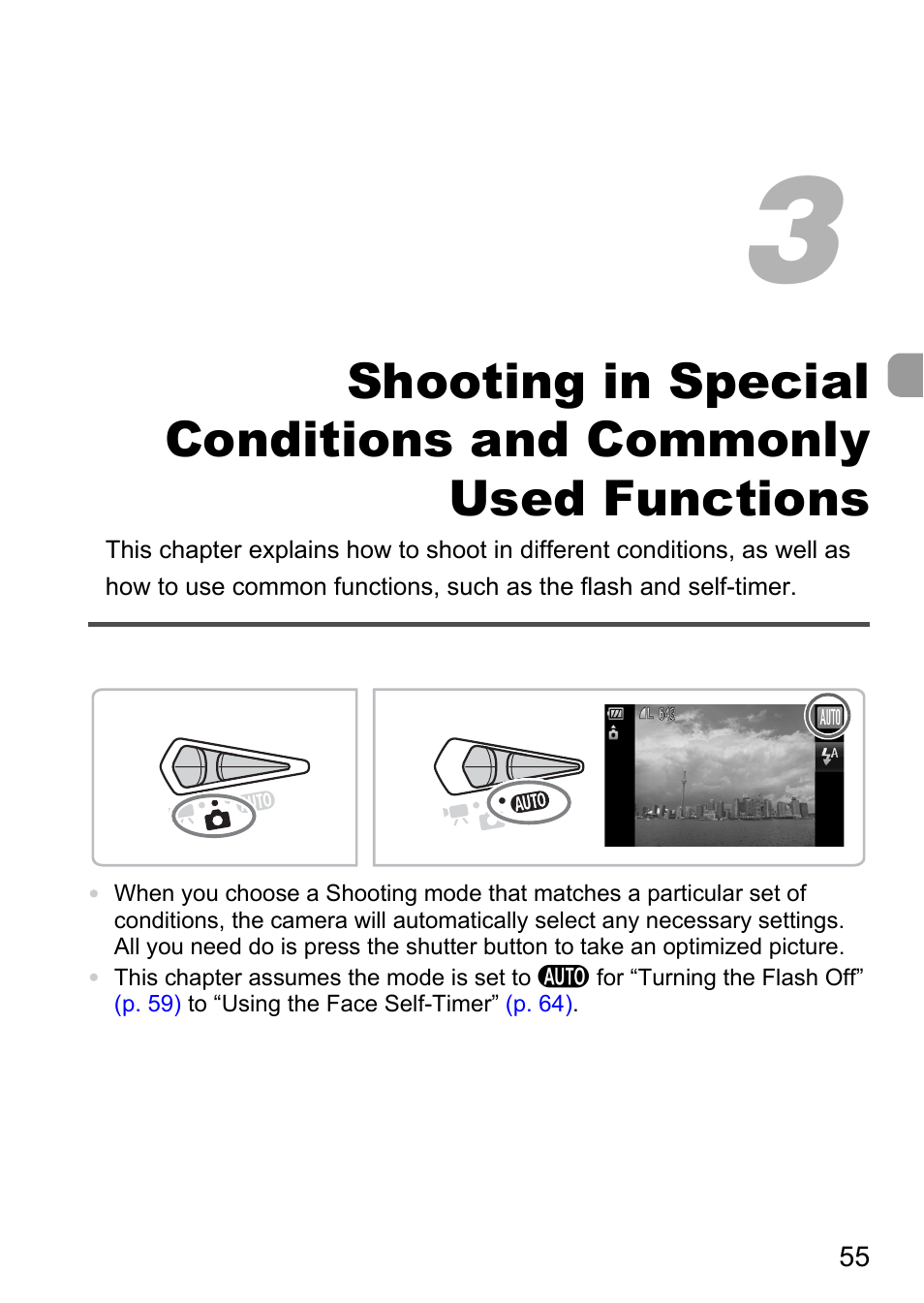 3 shooting in special, Conditions and commonly, Used functions | Pp. 55 | Canon 200 IS User Manual | Page 55 / 169