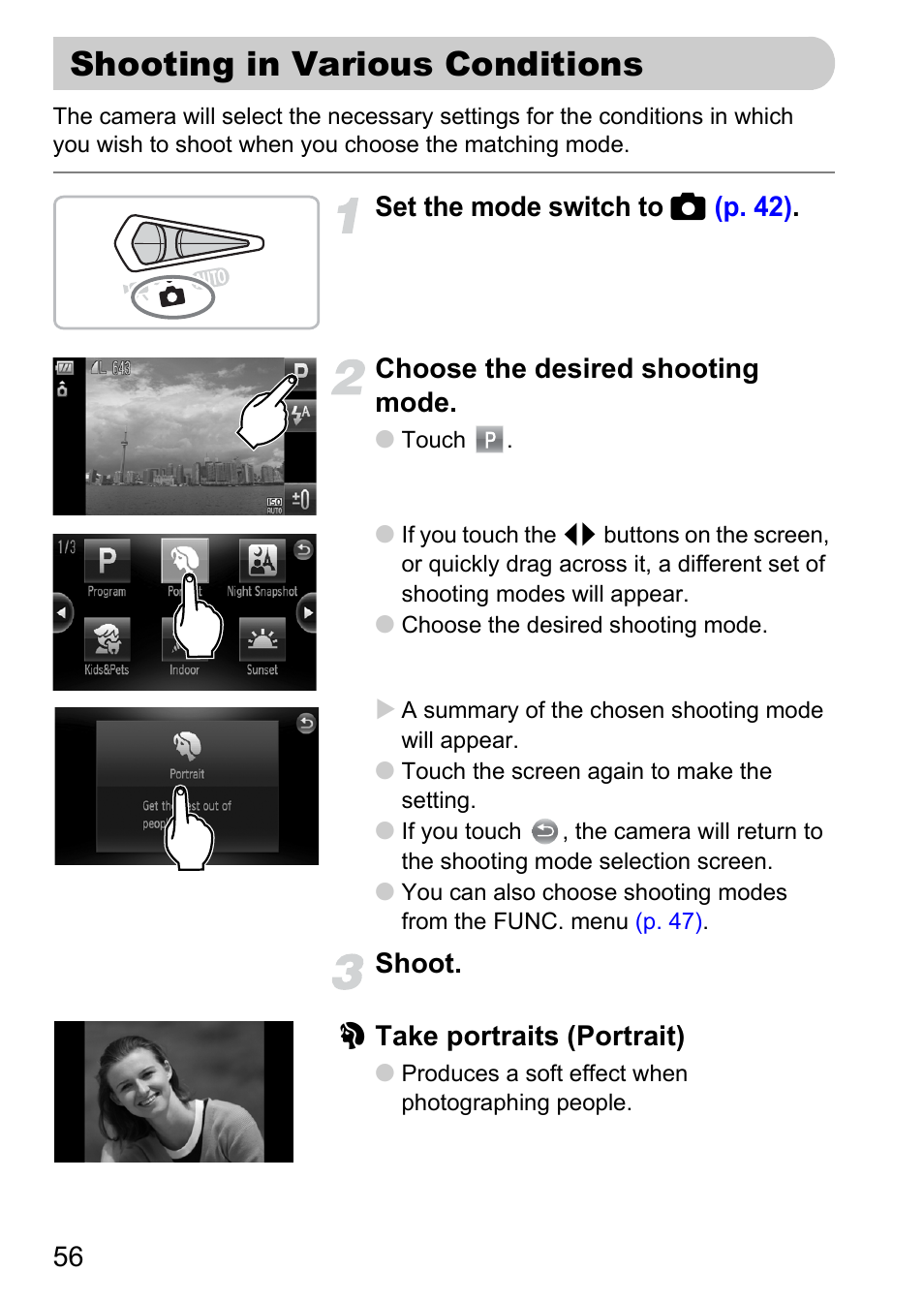 Shooting in various conditions, P. 56), For the scene | Canon 200 IS User Manual | Page 56 / 169