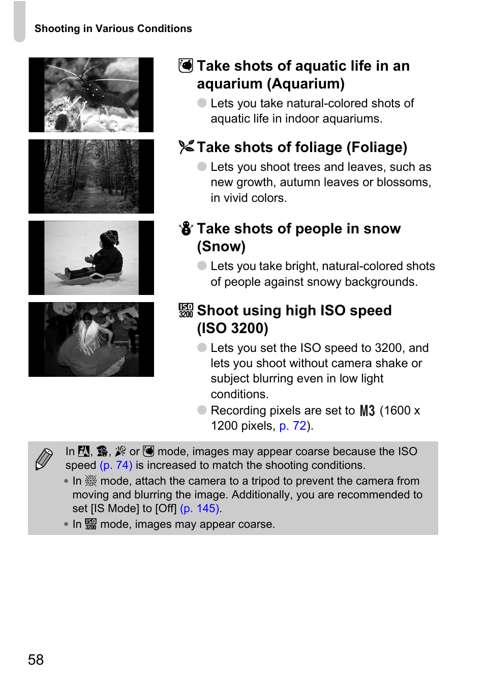 P. 58), O take shots of foliage (foliage), P take shots of people in snow (snow) | Z shoot using high iso speed (iso 3200) | Canon 200 IS User Manual | Page 58 / 169