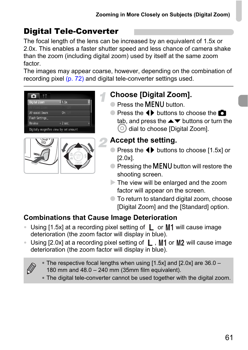 Digital tele-converter, Choose [digital zoom, Accept the setting | Canon 200 IS User Manual | Page 61 / 169