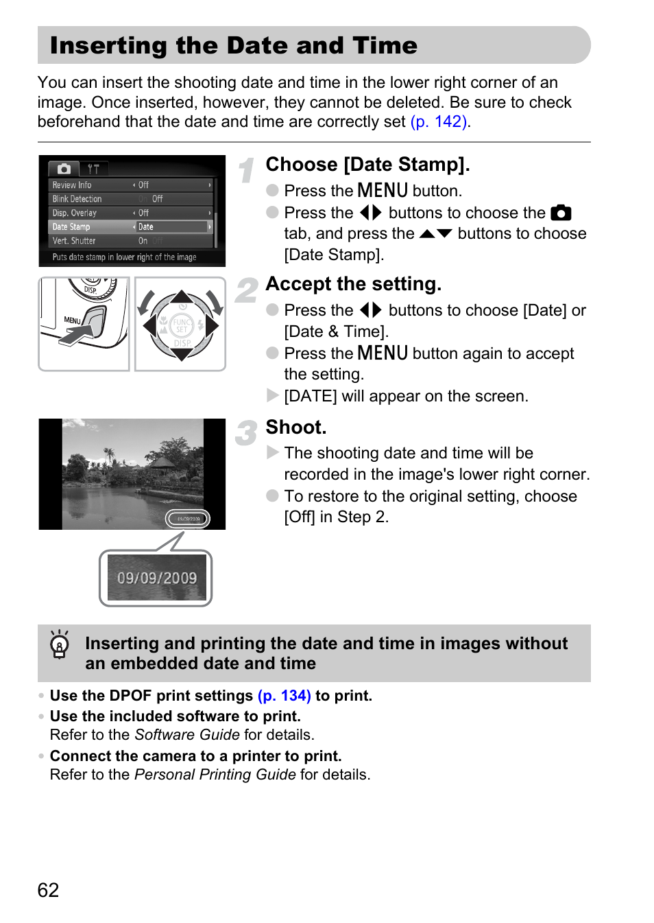 Inserting the date and time, P. 62), Choose [date stamp | Accept the setting, Shoot | Canon 200 IS User Manual | Page 62 / 169
