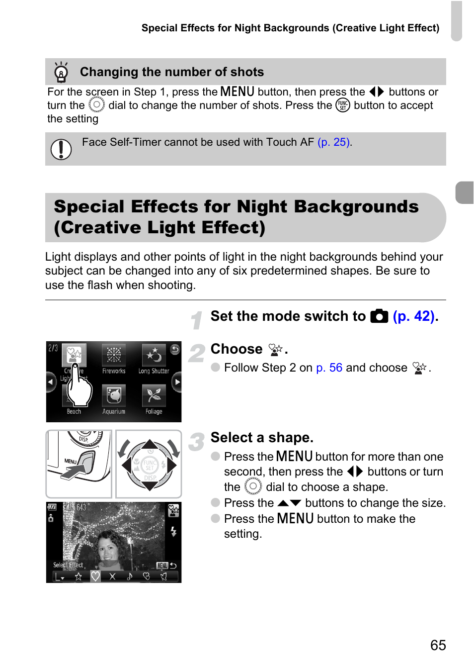 Special effects for night backgrounds, Creative light effect), Set the mode switch to 4 (p. 42) . choose | Select a shape | Canon 200 IS User Manual | Page 65 / 169