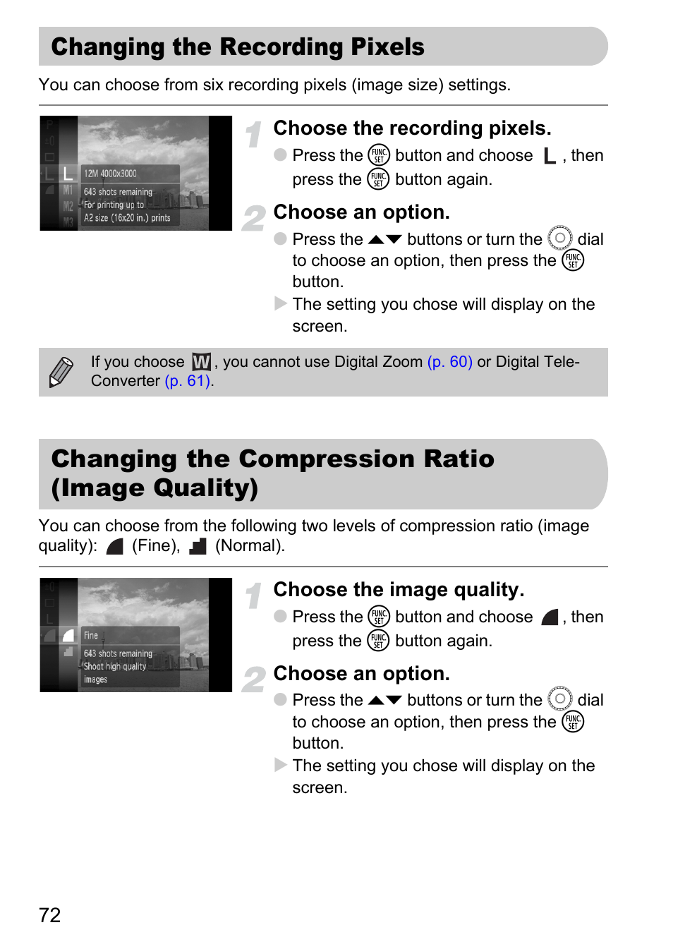 Changing the recording pixels, Changing the compression ratio (image quality), Image quality) | Quality), P. 72), Recording pixels, P. 72, Choose the recording pixels, Choose an option, Choose the image quality | Canon 200 IS User Manual | Page 72 / 169