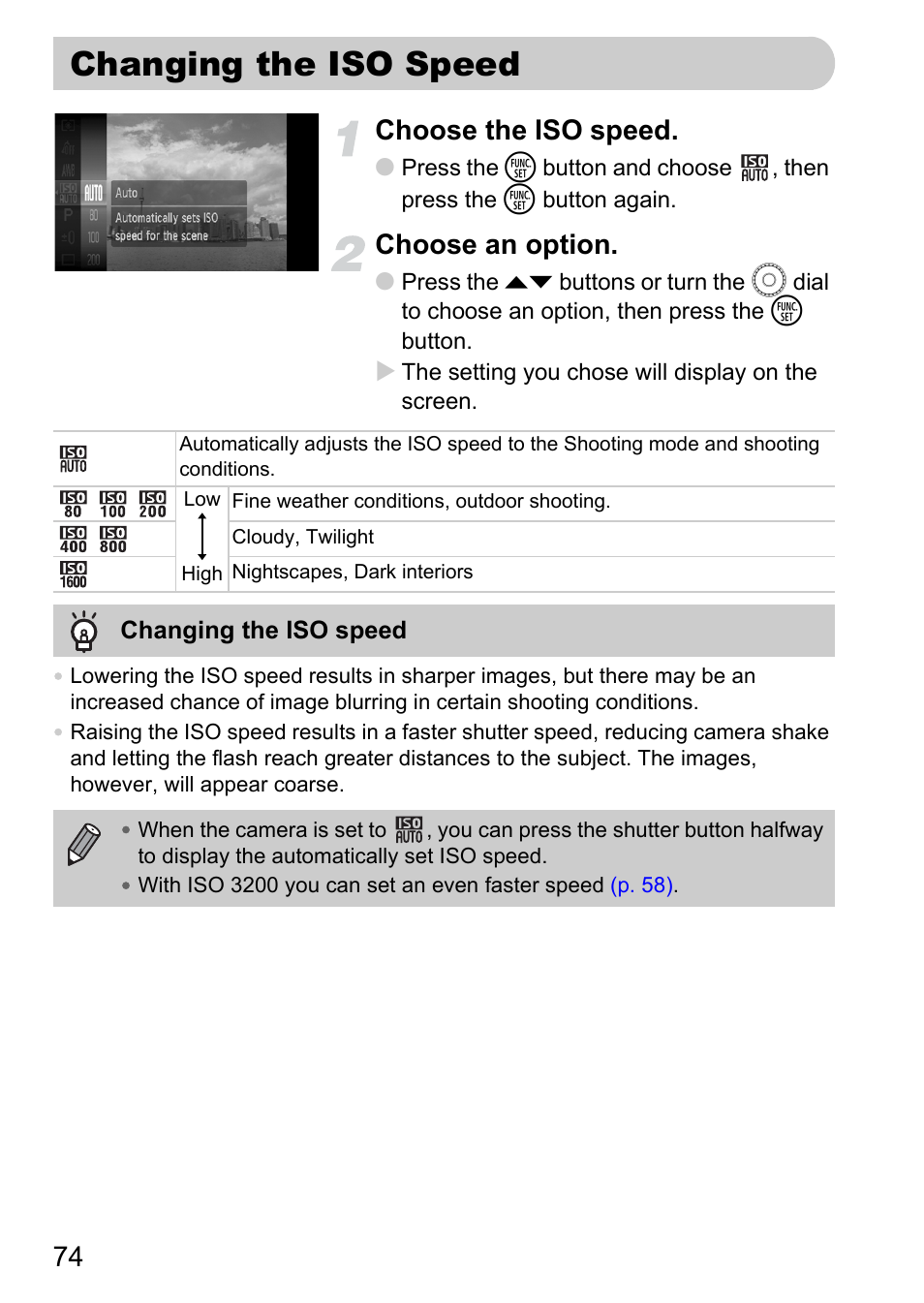 Changing the iso speed, P. 74), Iso speed | 74 choose the iso speed, Choose an option | Canon 200 IS User Manual | Page 74 / 169