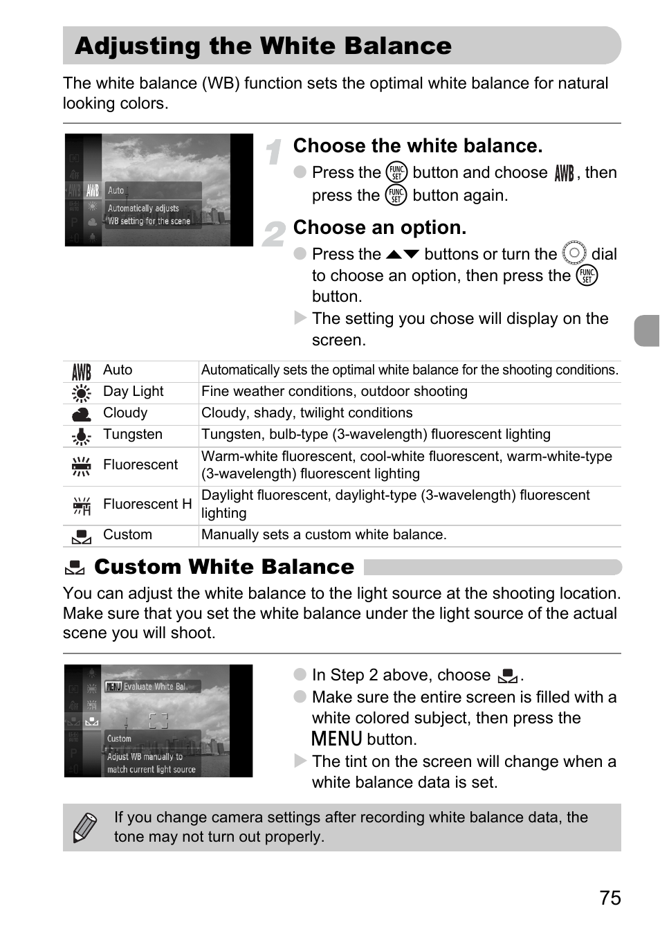 Adjusting the white balance, P. 75), Custom white balance | Choose the white balance, Choose an option | Canon 200 IS User Manual | Page 75 / 169