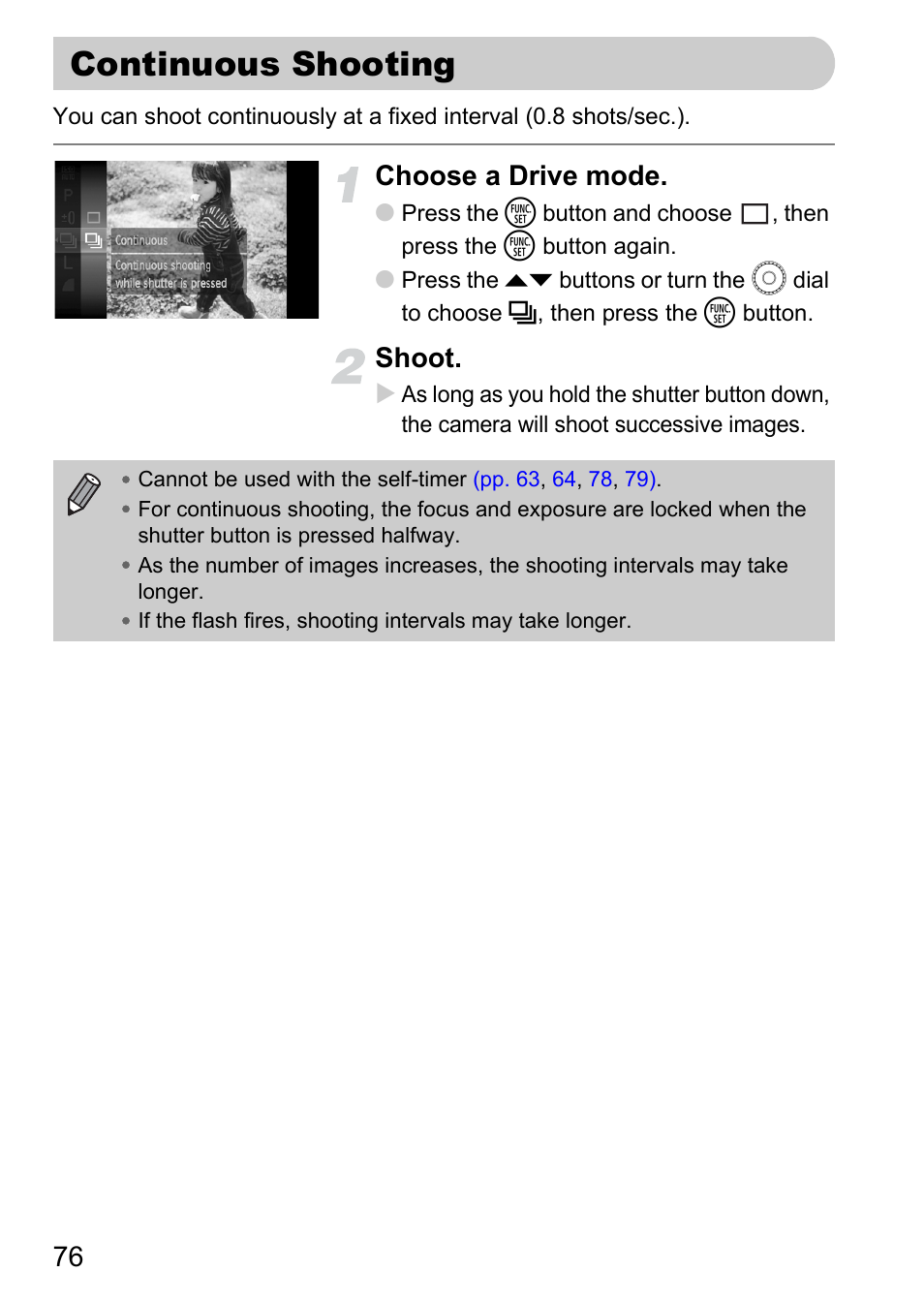 Continuous shooting, P. 76), Choose a drive mode | Shoot | Canon 200 IS User Manual | Page 76 / 169