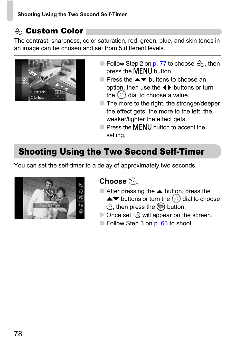 Shooting using the two second self-timer, Shooting using the two second, Self-timer | P. 78), Custom color, Choose î | Canon 200 IS User Manual | Page 78 / 169