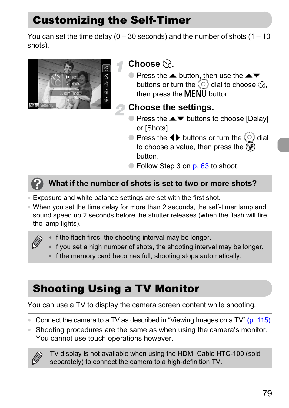 Customizing the self-timer, Shooting using a tv monitor, Choose | Choose the settings | Canon 200 IS User Manual | Page 79 / 169