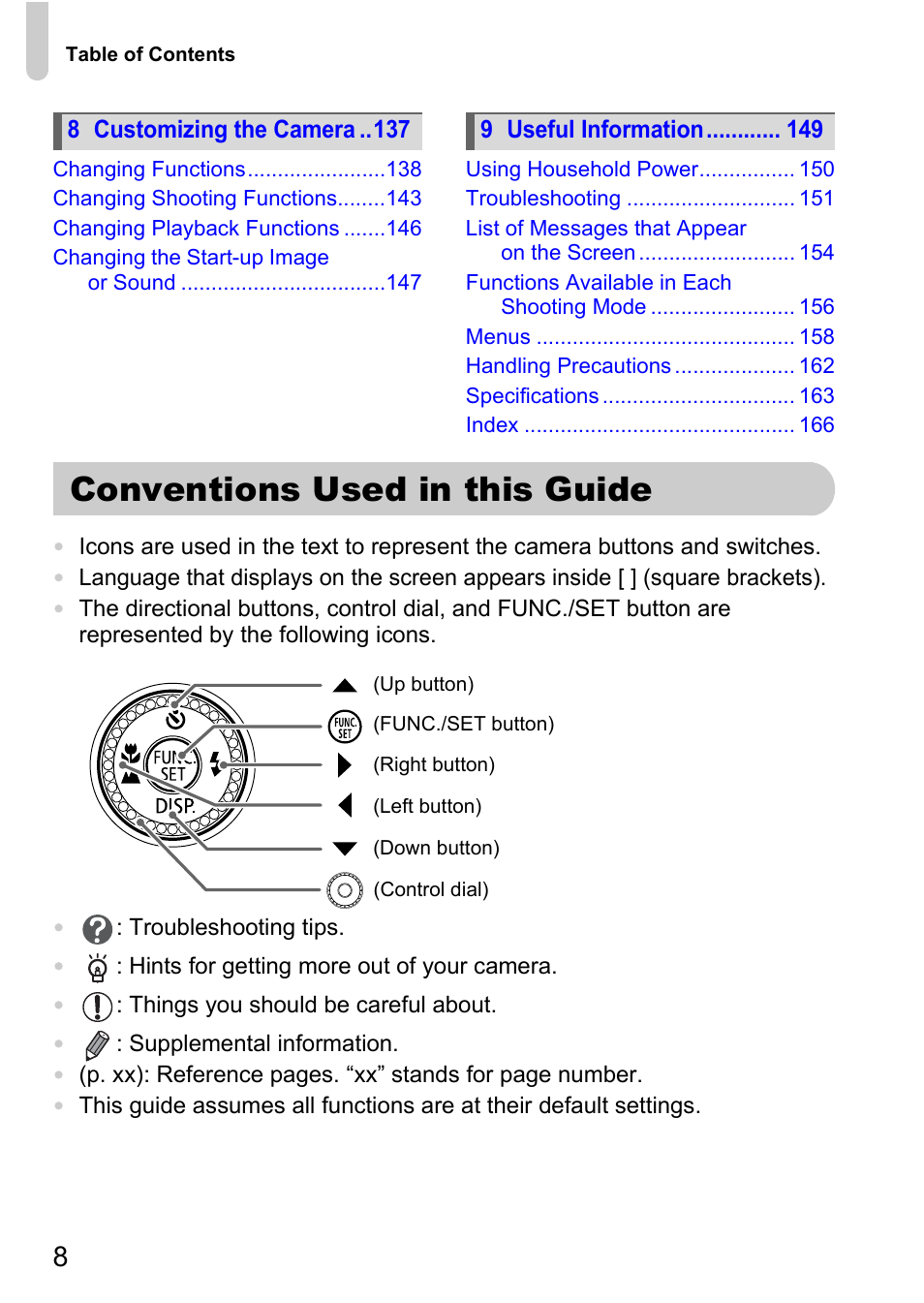 Conventions used in this guide | Canon 200 IS User Manual | Page 8 / 169