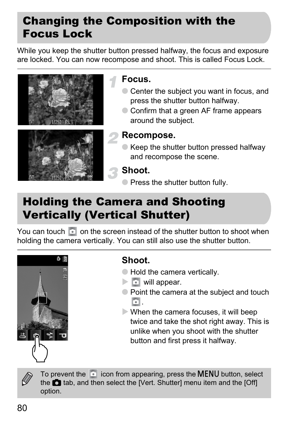 Changing the composition with the focus lock, Changing the composition, With the focus lock | Holding the camera and shooting, Vertically (vertical shutter), Utter, P. 80) | Canon 200 IS User Manual | Page 80 / 169