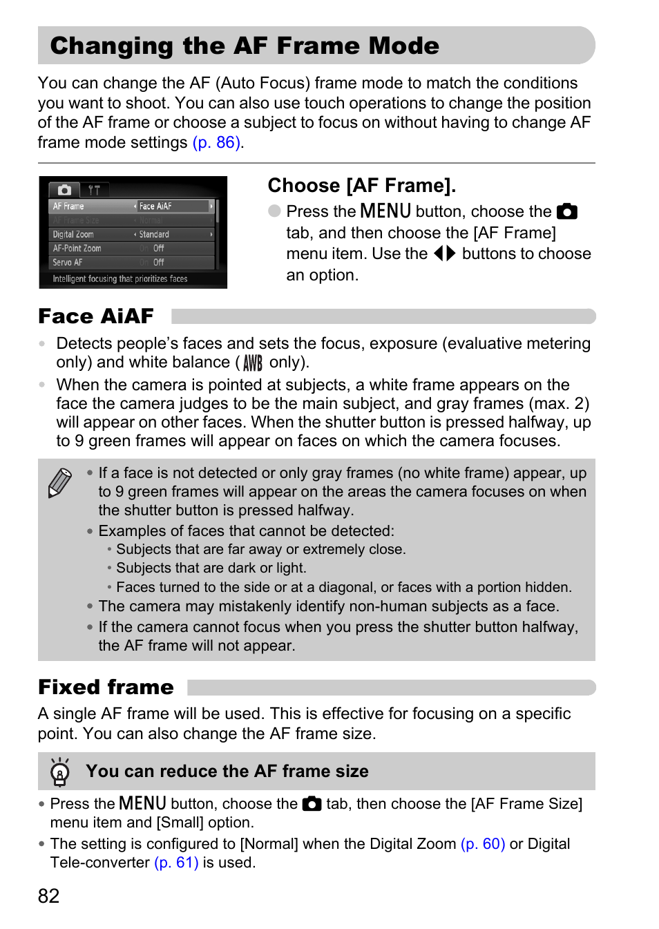 Changing the af frame mode, P. 82), Face aiaf | Fixed frame, Choose [af frame | Canon 200 IS User Manual | Page 82 / 169