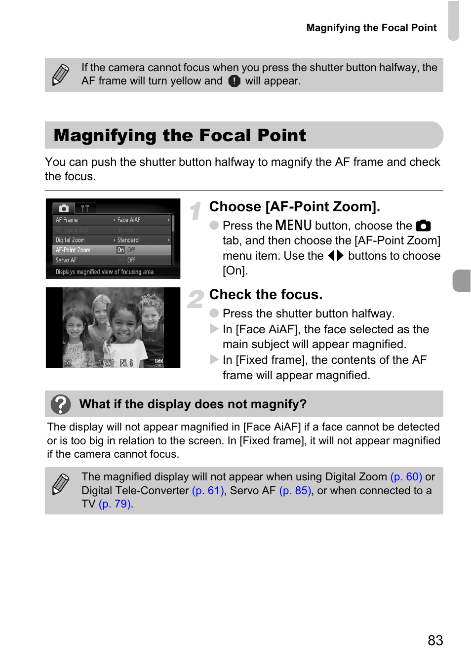 Magnifying the focal point, Choose [af-point zoom, Check the focus | Canon 200 IS User Manual | Page 83 / 169