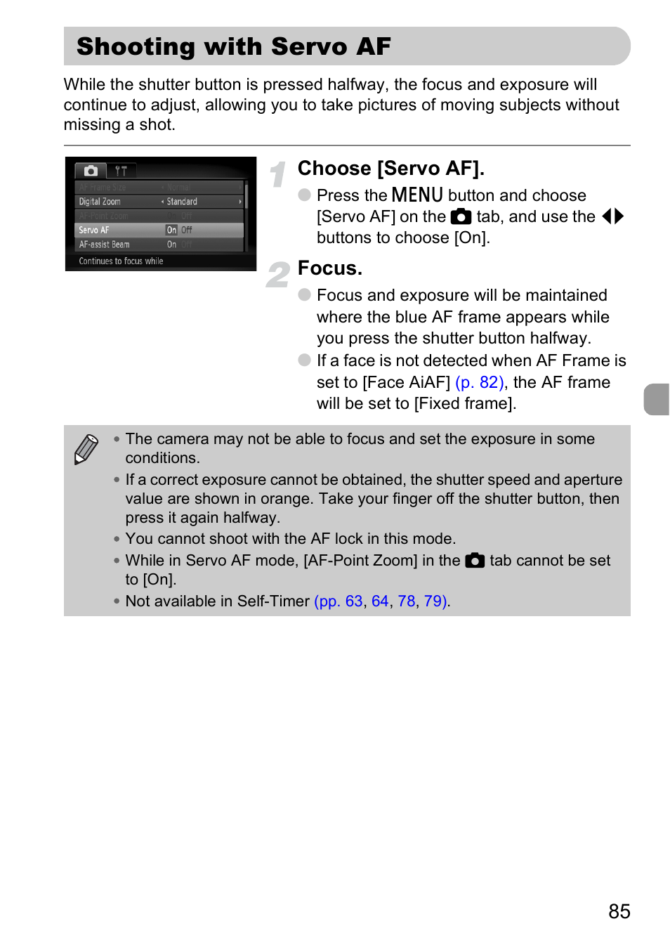 Shooting with servo af, P. 85), Choose [servo af | Focus | Canon 200 IS User Manual | Page 85 / 169