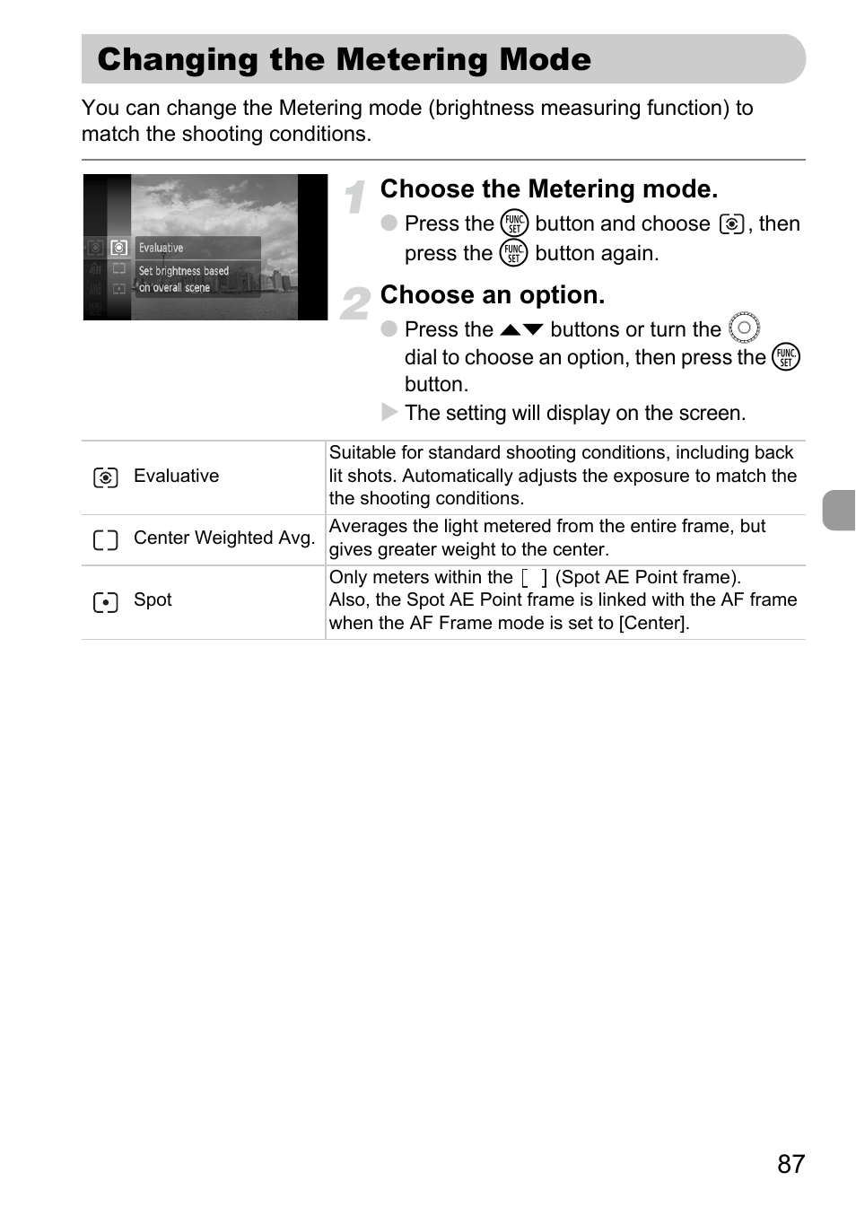 Changing the metering mode, P. 87), Choose the metering mode | Choose an option | Canon 200 IS User Manual | Page 87 / 169