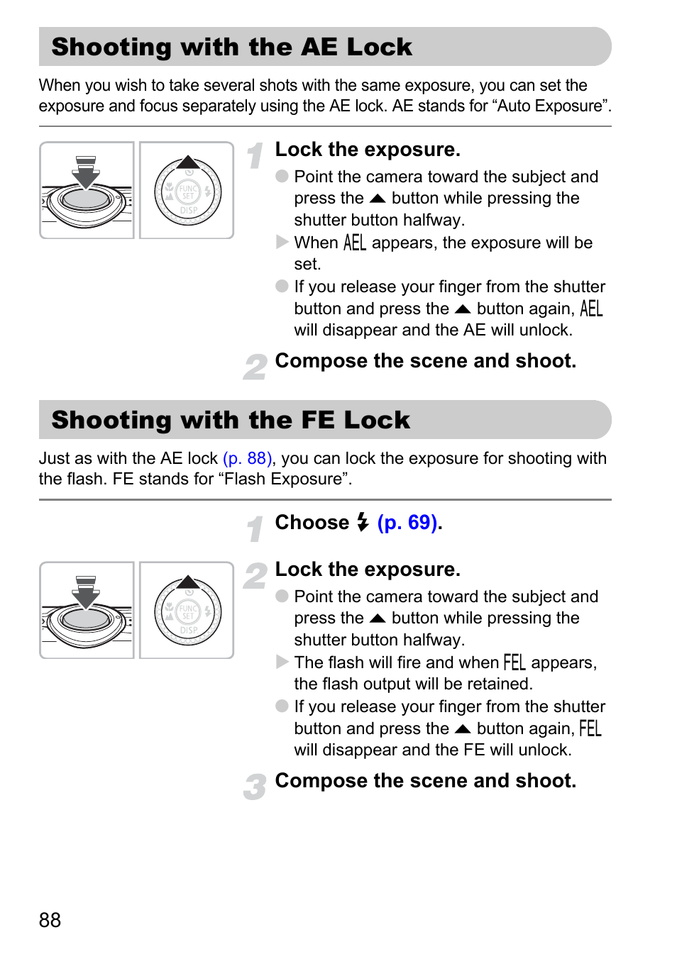 Shooting with the ae lock, Shooting with the fe lock, Lock | P. 88), Fe lock | Canon 200 IS User Manual | Page 88 / 169