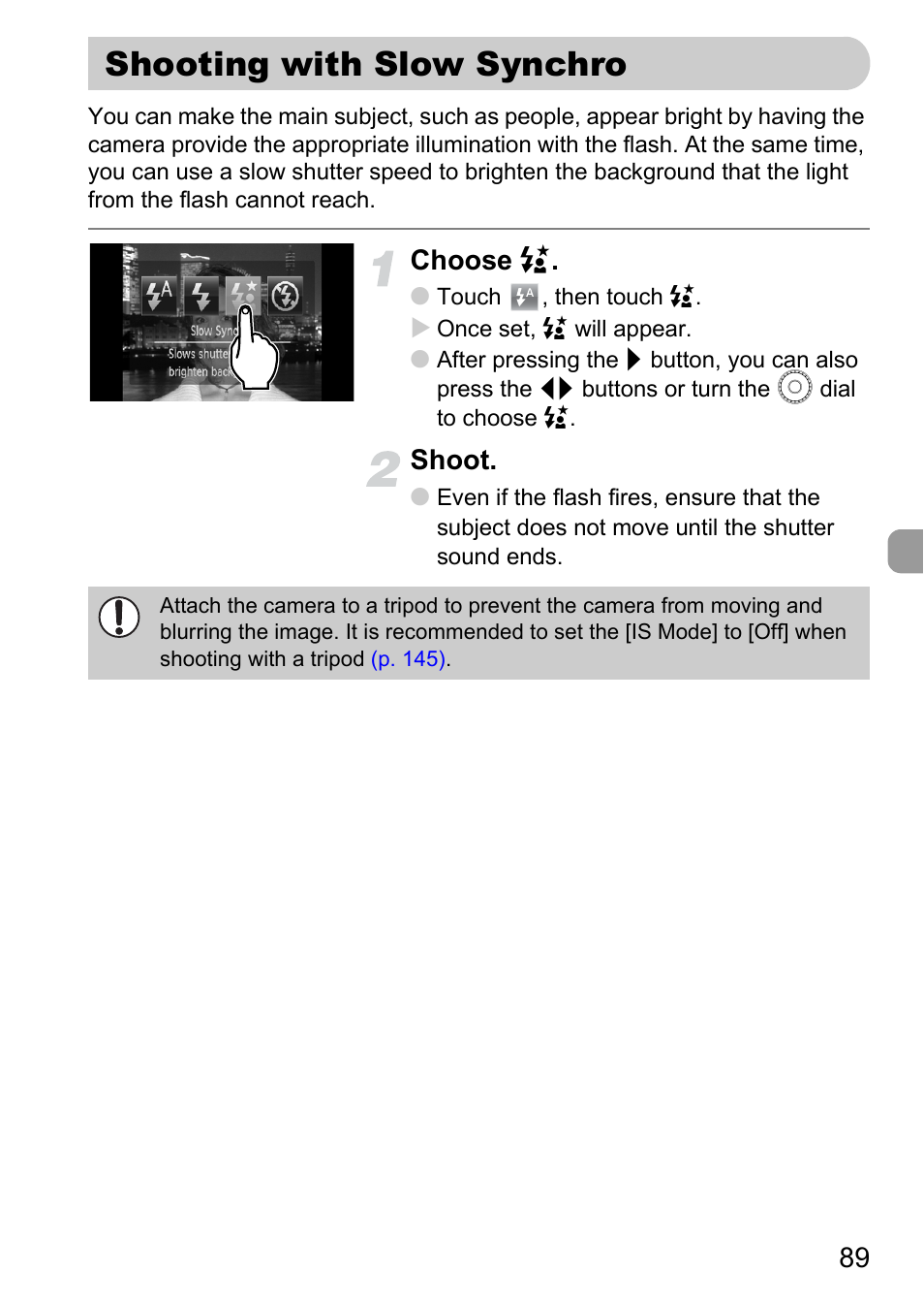 Shooting with slow synchro, Choose, Shoot | Canon 200 IS User Manual | Page 89 / 169