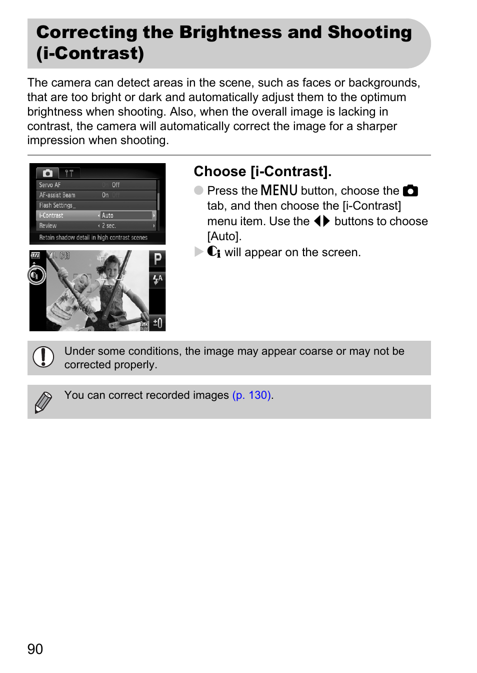 Correcting the brightness and, Shooting (i-contrast), I-contrast | P. 90), Pp. 90, Choose [i-contrast | Canon 200 IS User Manual | Page 90 / 169