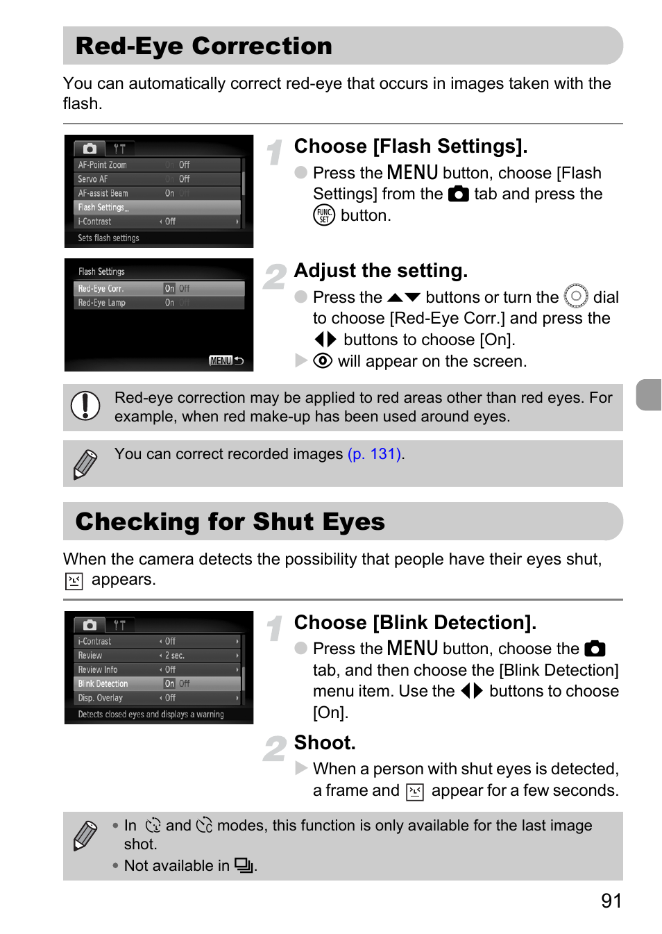 Red-eye correction, Checking for shut eyes, Red-eye correction checking for shut eyes | P. 91), Pp. 91, Choose [flash settings, Adjust the setting, Choose [blink detection, Shoot | Canon 200 IS User Manual | Page 91 / 169