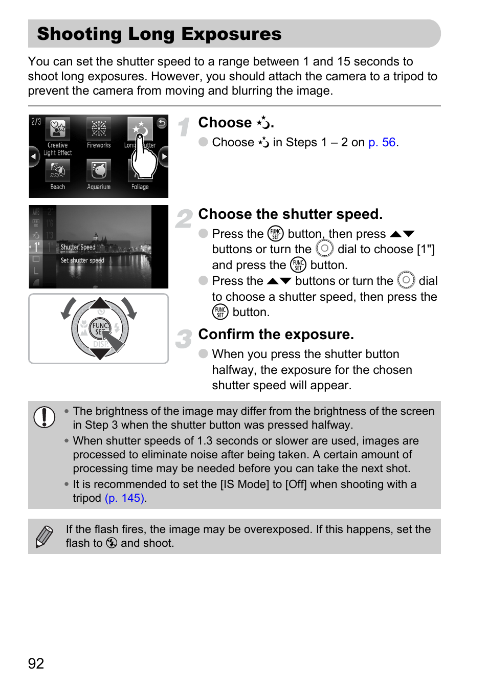 Shooting long exposures, P. 92), Choose | Choose the shutter speed, Confirm the exposure | Canon 200 IS User Manual | Page 92 / 169
