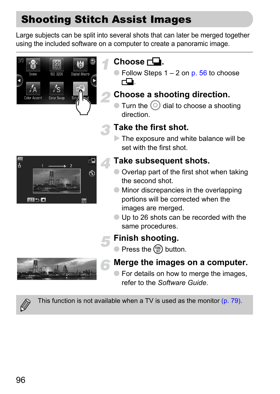 Shooting stitch assist images, P. 96), Choose l | Choose a shooting direction, Take the first shot, Take subsequent shots, Finish shooting, Merge the images on a computer | Canon 200 IS User Manual | Page 96 / 169