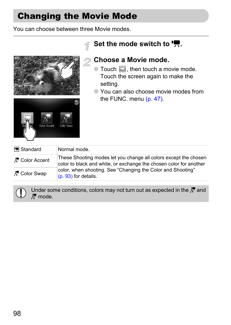 Changing the movie mode, Set the mode switch to e . choose a movie mode | Canon 200 IS User Manual | Page 98 / 169