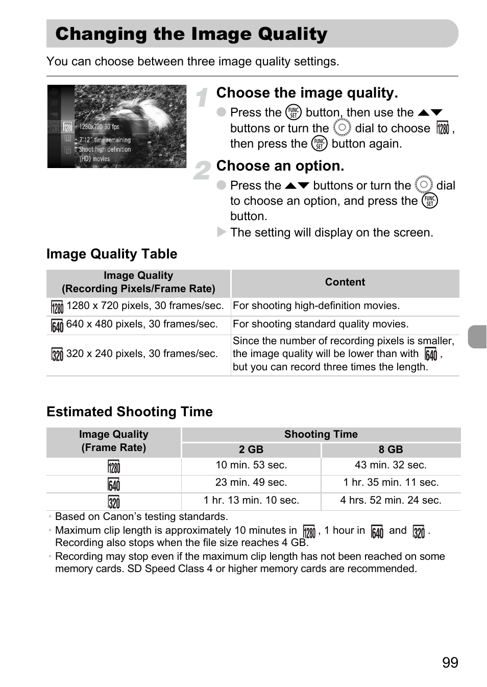 Changing the image quality, P. 99), Choose the image quality | Choose an option, Image quality table estimated shooting time | Canon 200 IS User Manual | Page 99 / 169