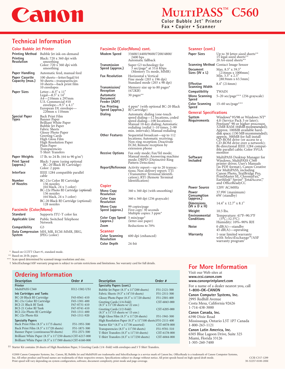 Multipass, C560, Ordering information for more information | Technical information, Color bubble jet, Printer fax, Copier, Scanner | Canon C560 User Manual | Page 2 / 2