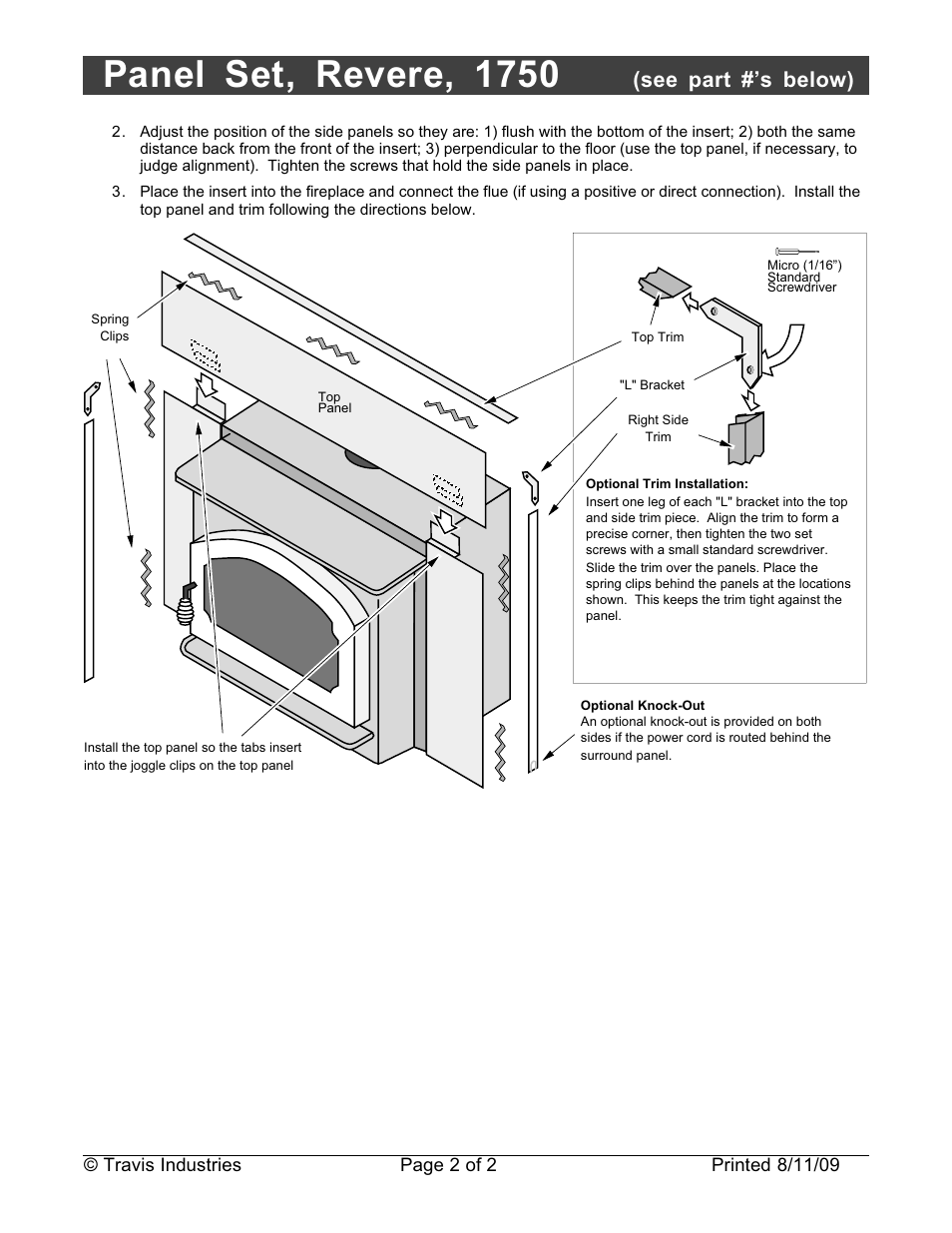Panel set, revere, 1750, See part #’s below) | Avalon Firestyles 1750 Panel Set User Manual | Page 2 / 2