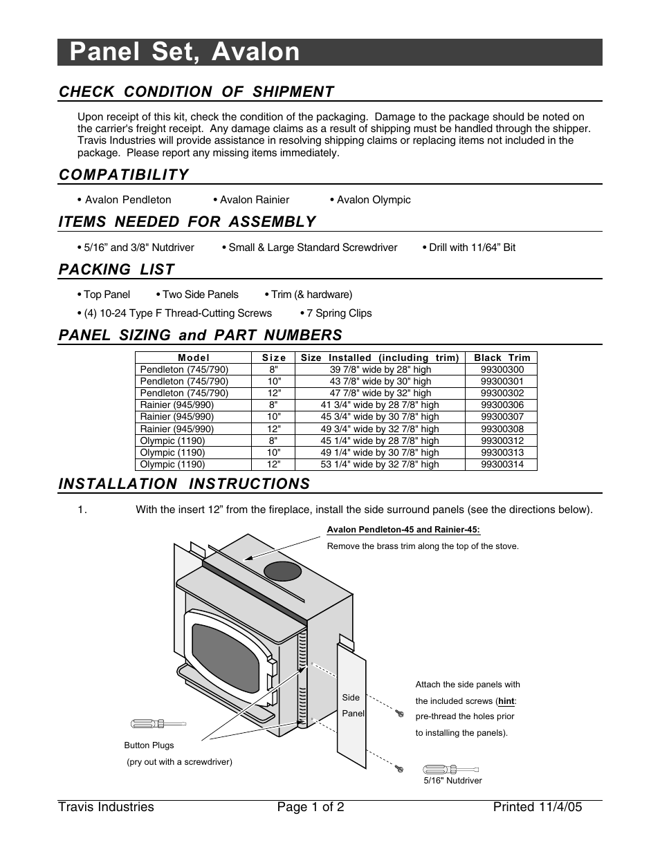 Avalon Firestyles Panel Set User Manual | 2 pages