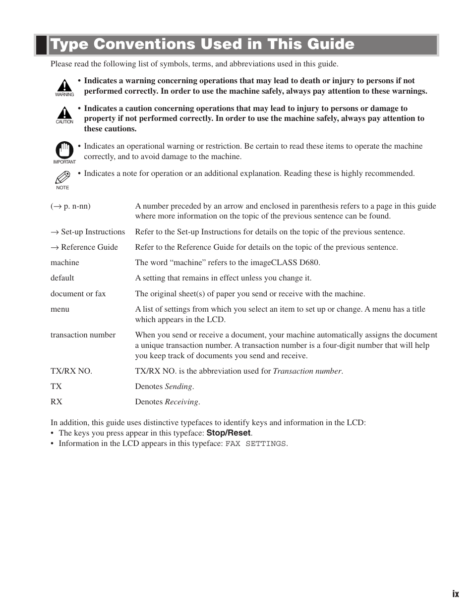 Type conventions used in this guide | Canon ImageCLASS D680 User Manual | Page 10 / 94