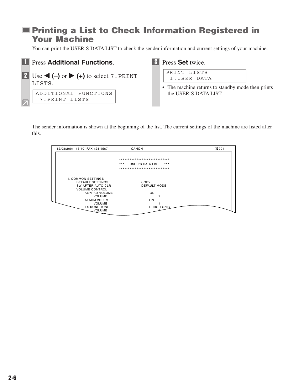 Press additional functions, Use 4 (–) or e (+) to select 7.print lists, Press set twice | Canon ImageCLASS D680 User Manual | Page 21 / 94