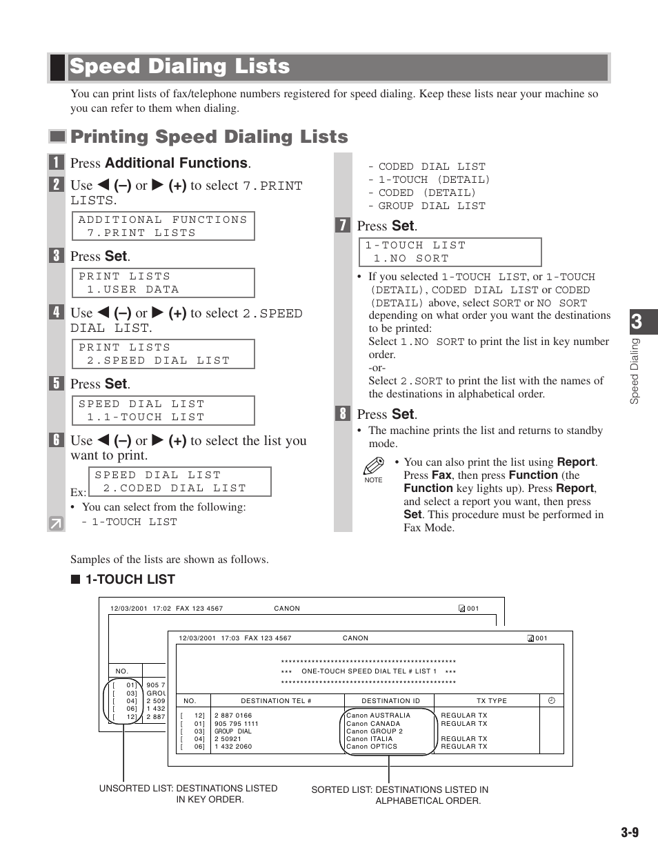 Speed dialing lists, Printing speed dialing lists, Press additional functions | Use 4 (–) or e (+) to select 7.print lists, Press set, Use 4 (–) or e (+) to select 2.speed dial list, Touch list | Canon ImageCLASS D680 User Manual | Page 32 / 94